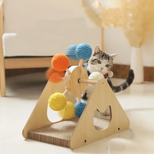 Roue Géante pour Chats - Jouet Interactif en Bois avec Balles en Sisal et Griffoir