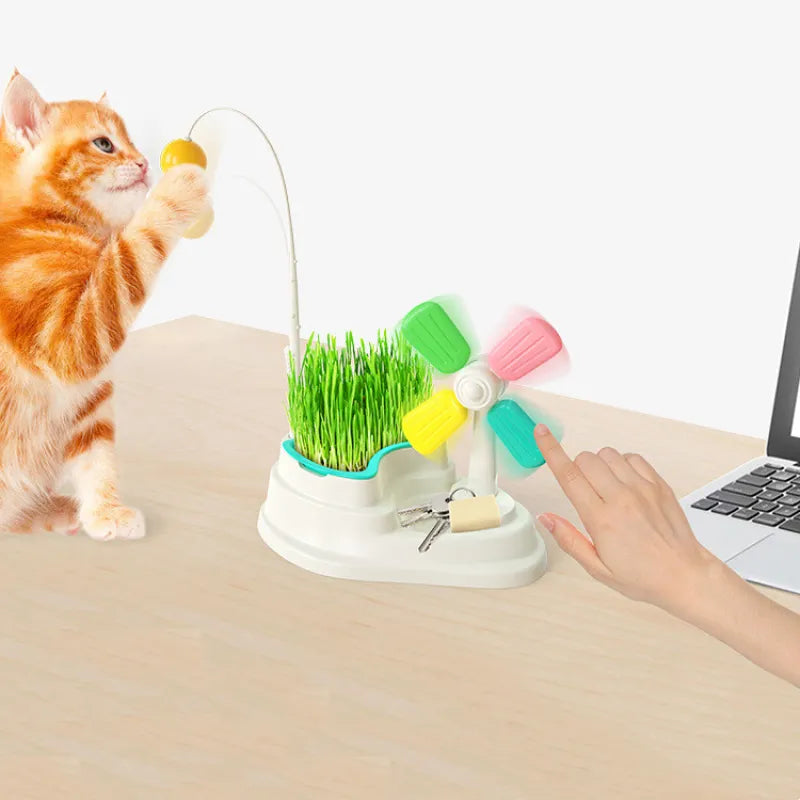 Jouets Interactifs pour Chats - Moulin à Vent avec Balle et Support en Herbe pour Stimuler L' Esprit