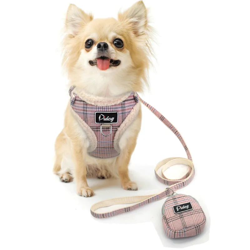 Harnais Confortable À Carreaux Avec Laisse - Avec Sac Pour Chien Pratique Pour Les Promenades