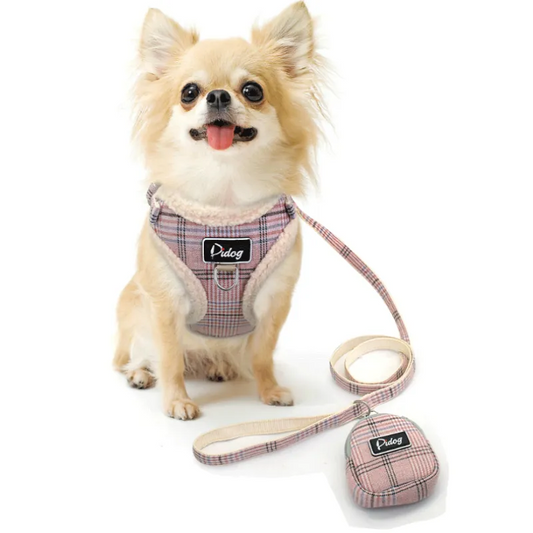 Harnais Confortable À Carreaux Avec Laisse - Avec Sac Pour Chien Pratique Pour Les Promenades