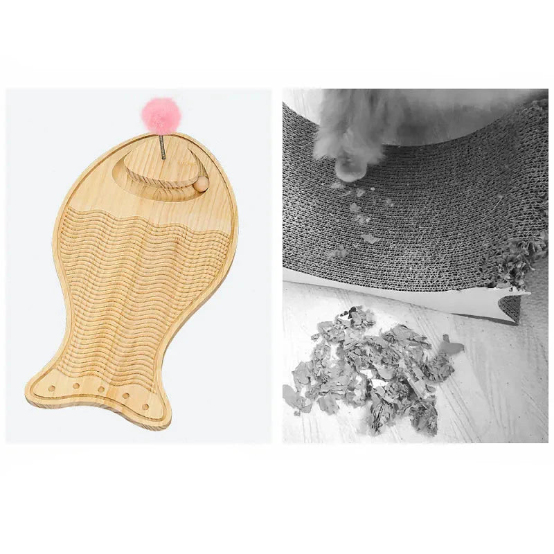 Jouets pour Chats Griffoir en Bois - Tapis de Jeu Interactif avec Plume et Balle