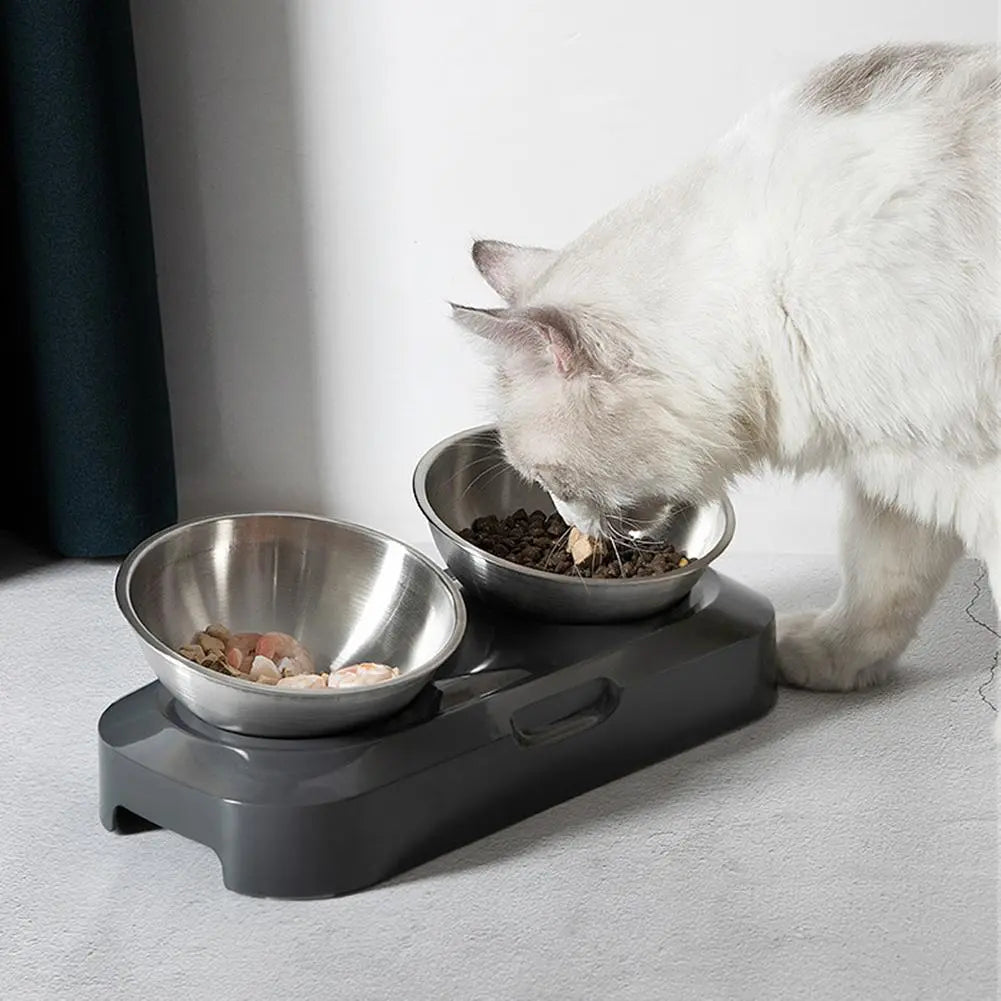 Écuelle Double pour Chat en Acier Inoxydable avec Support