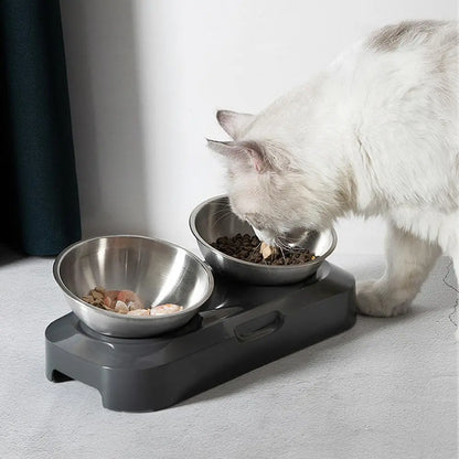 Écuelle Double pour Chat en Acier Inoxydable avec Support