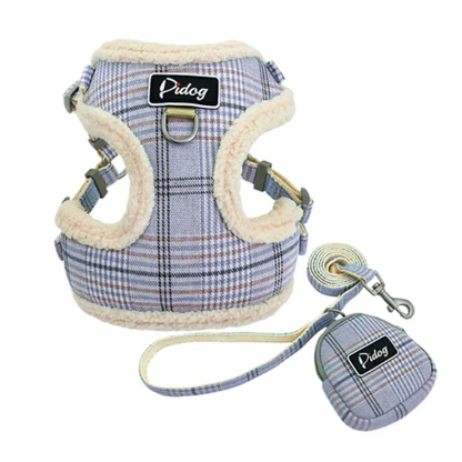 Harnais Confortable À Carreaux Avec Laisse - Avec Sac Pour Chien Pratique Pour Les Promenades