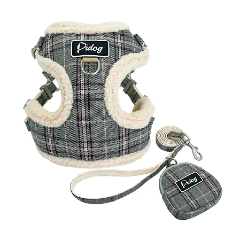 Harnais Confortable À Carreaux Avec Laisse - Avec Sac Pour Chien Pratique Pour Les Promenades