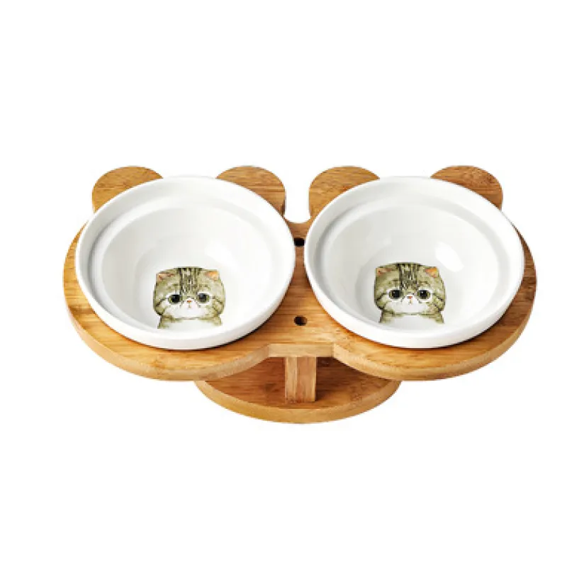Écuelle Surélevée pour Chats - Écuelle Double en Céramique avec Support en Bambou