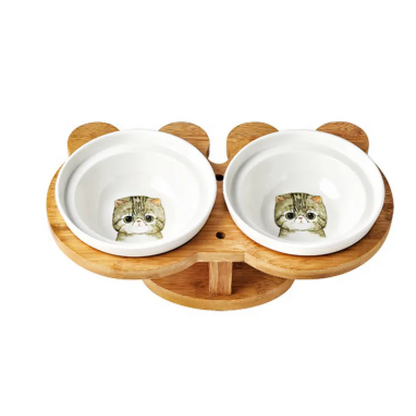 Écuelle Surélevée pour Chats - Écuelle Double en Céramique avec Support en Bambou