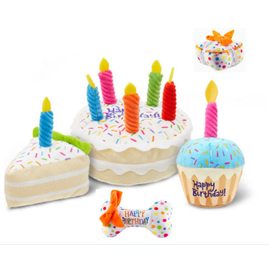Jouets pour Chiens Anniversaire Set - Gâteau en Peluche , Cupcake & Os avec Fonction Couinement