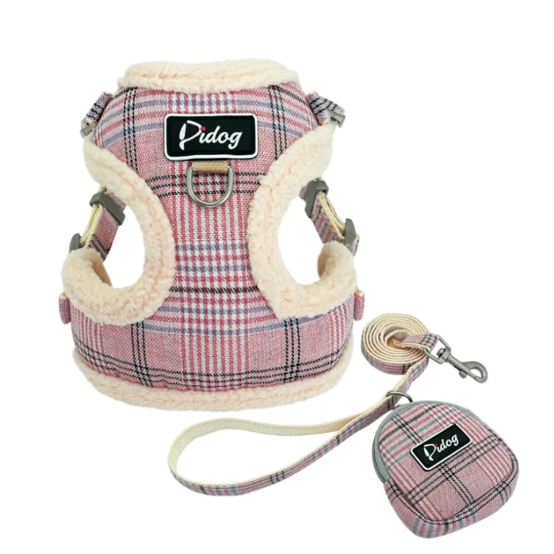 Harnais Confortable À Carreaux Avec Laisse - Avec Sac Pour Chien Pratique Pour Les Promenades