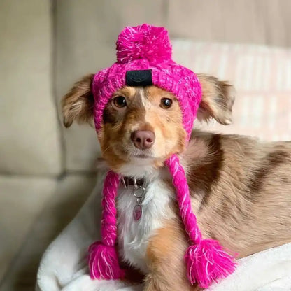 Casquette En Tricot Pour Animaux Domestiques Avec Pompon Et Pompons Torsadés En Rose