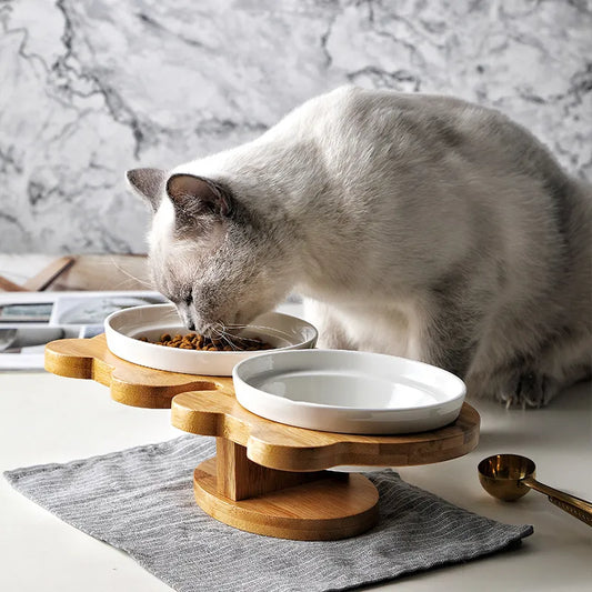 Écuelle Surélevée pour Chats - Écuelle Double en Céramique avec Support en Bambou
