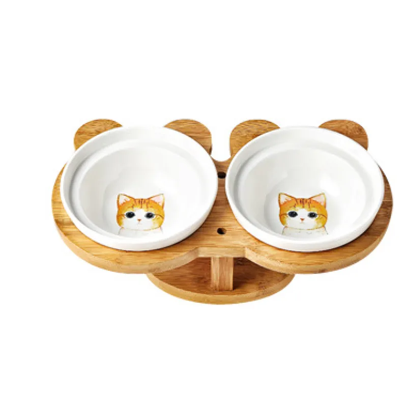 Écuelle Surélevée pour Chats - Écuelle Double en Céramique avec Support en Bambou