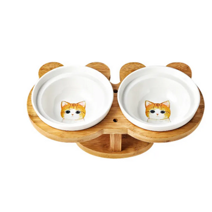 Écuelle Surélevée pour Chats - Écuelle Double en Céramique avec Support en Bambou