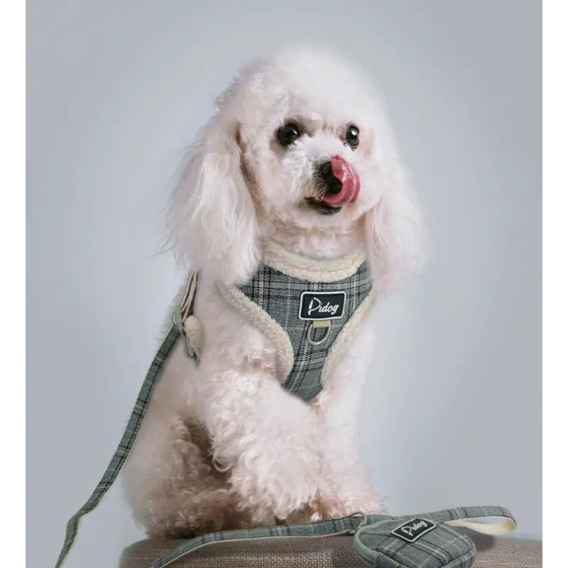 Harnais Confortable À Carreaux Avec Laisse - Avec Sac Pour Chien Pratique Pour Les Promenades