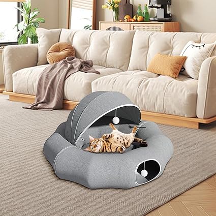 Lit Douillet pour Chats et Petits Chiens avec Toit Amovible et Jouets