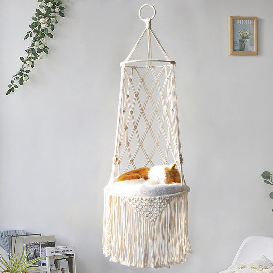 Makramee Fauteuil Suspendu pour Chat - Hamac Boho avec Coussin Douillet pour Chat