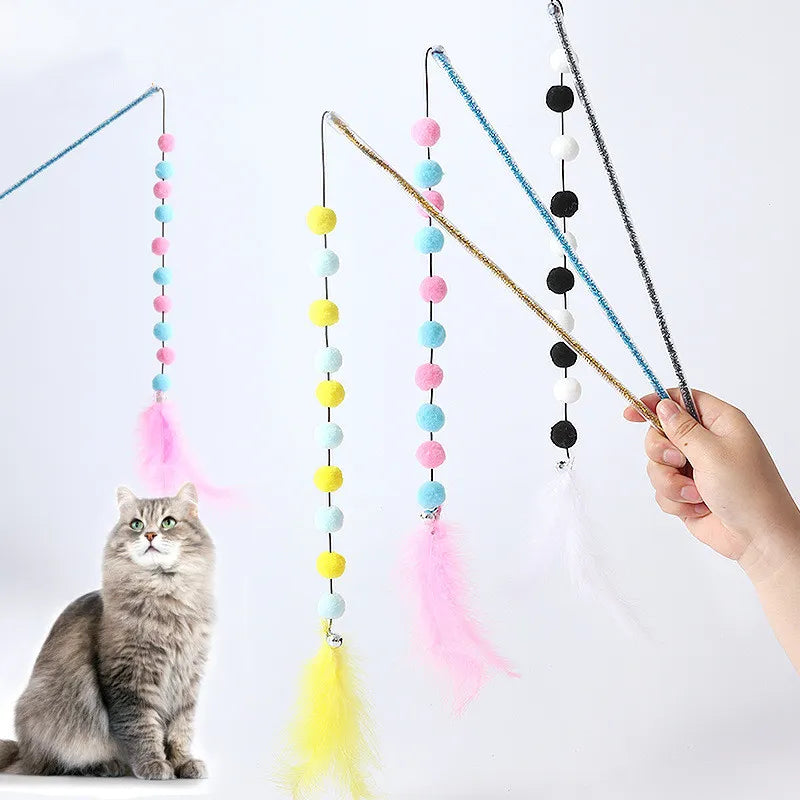 Jouet Interactif pour Chats avec Pompons et Plumes - Canne à Pêche Ludique pour Chats