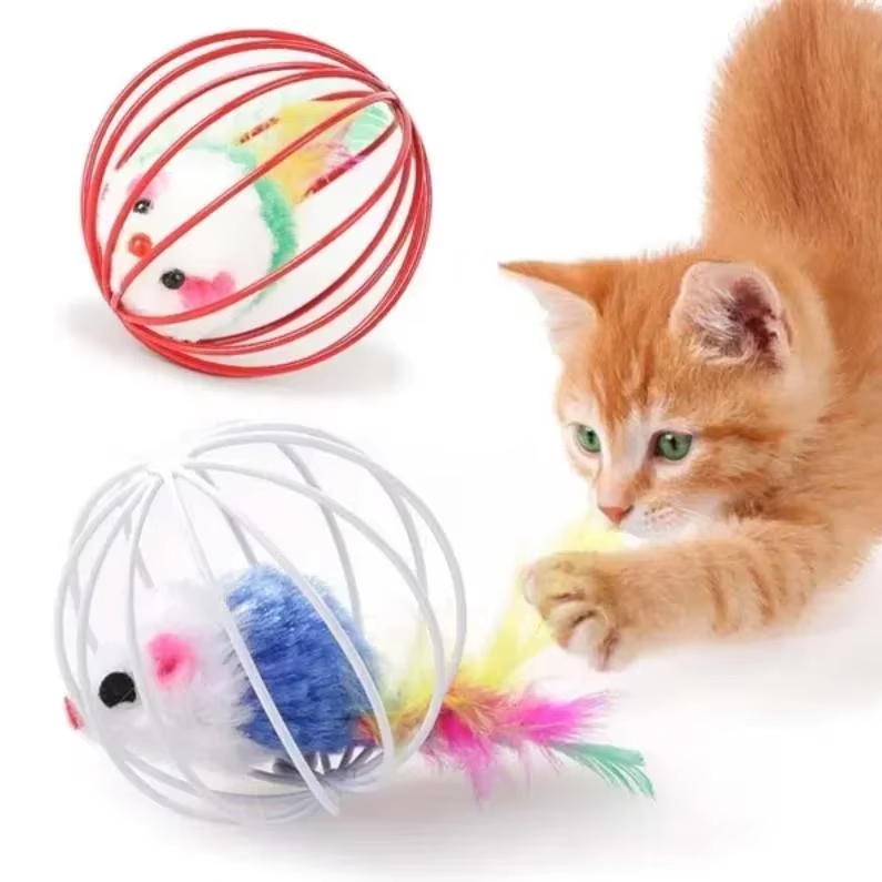 Jouet pour Chats Souris en Cage avec Queue en Plumes