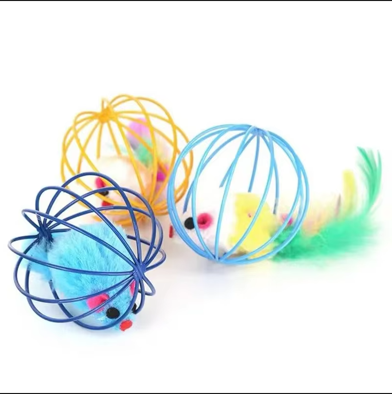 Jouet pour Chats Souris en Cage avec Queue en Plumes