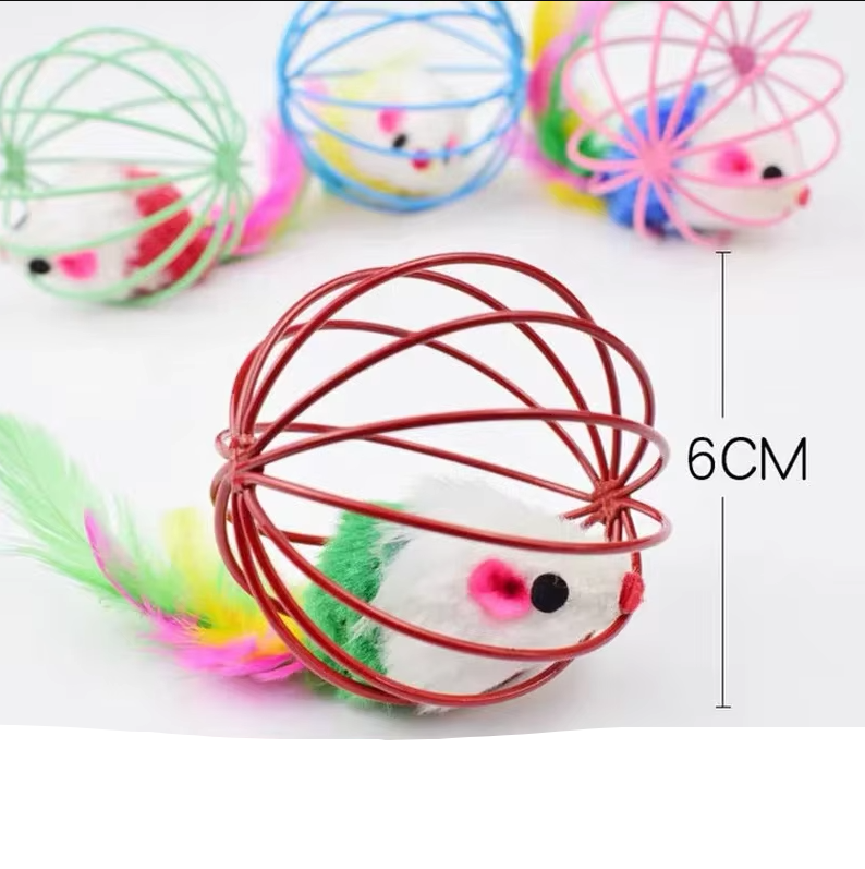 Jouet pour Chats Souris en Cage avec Queue en Plumes