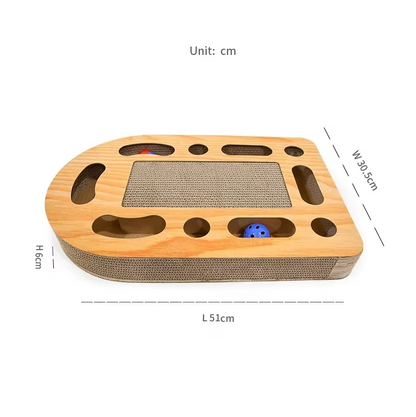 Plat à Gratter pour Chats avec Jouets - Tapis à Gratter en Carton Ondulé et Cadre en Bois