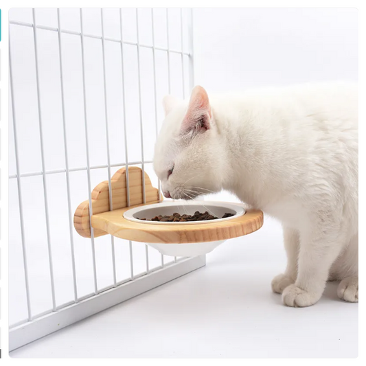 Ecuelle Suspendue pour Chats - Support Mural avec Cadre en Bois au Design Nuageux