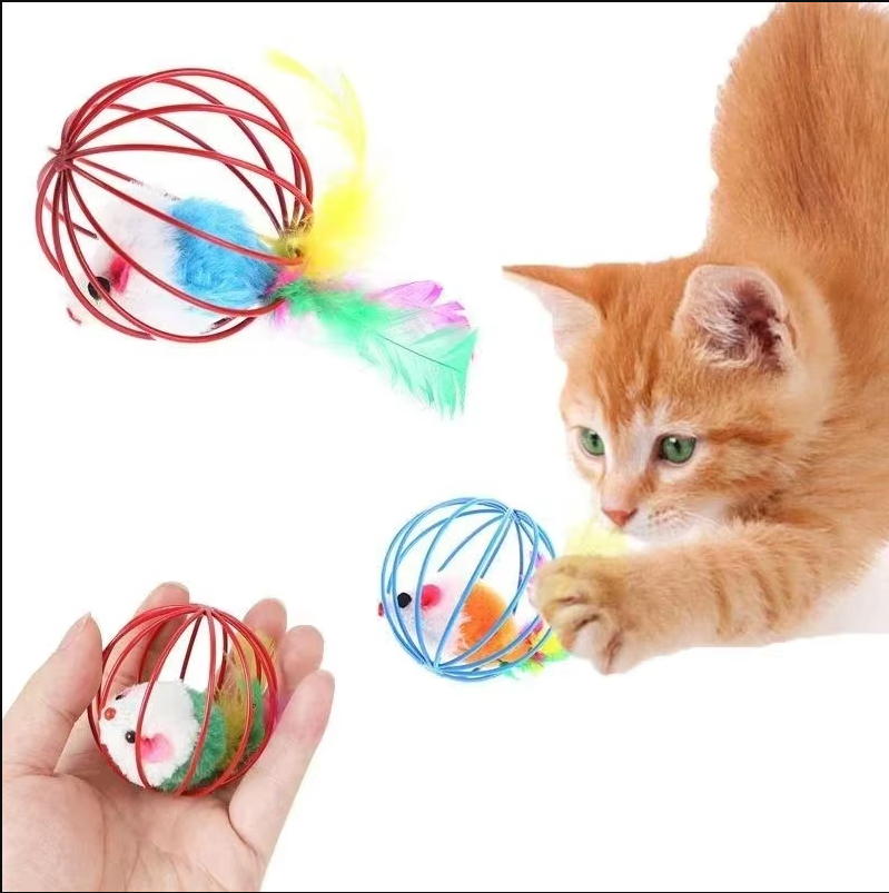 Jouet pour Chats Souris en Cage avec Queue en Plumes
