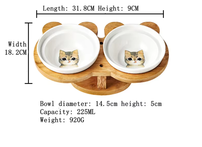 Écuelle Surélevée pour Chats - Écuelle Double en Céramique avec Support en Bambou