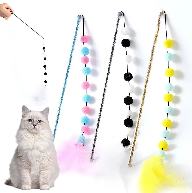 Canne à Pêche Interactive pour Chats avec Plumes à Pompon - un Jeu Amusant pour les Chats Curieux