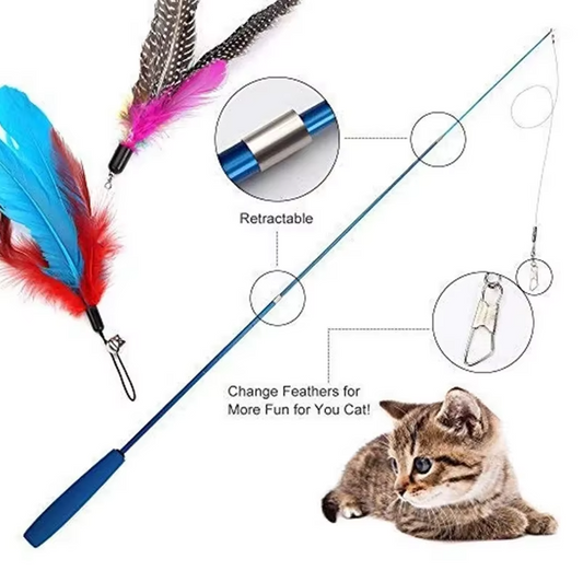 Canne à Pêche Télescopique pour Chats avec Plumes - Jouets Interactifs pour des Aventures de Chasse Passionnantes