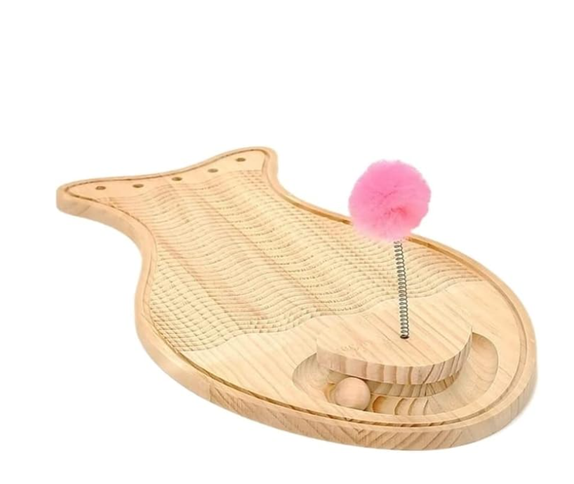 Jouets pour Chats Griffoir en Bois - Tapis de Jeu Interactif avec Plume et Balle