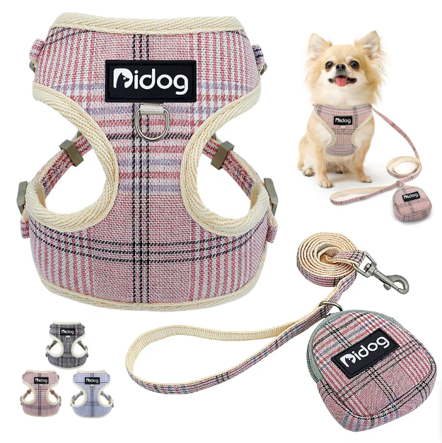 Harnais Confortable À Carreaux Avec Laisse - Avec Sac Pour Chien Pratique Pour Les Promenades