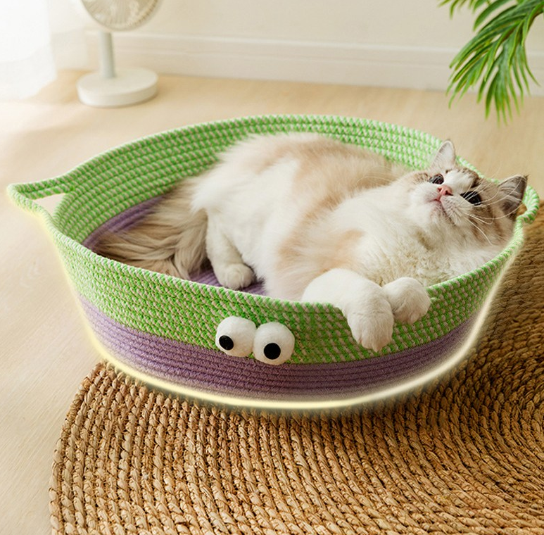 Joli Lit Pour Chat En Corde De Coton Tissée À La Main, Conçu En Forme D'animal