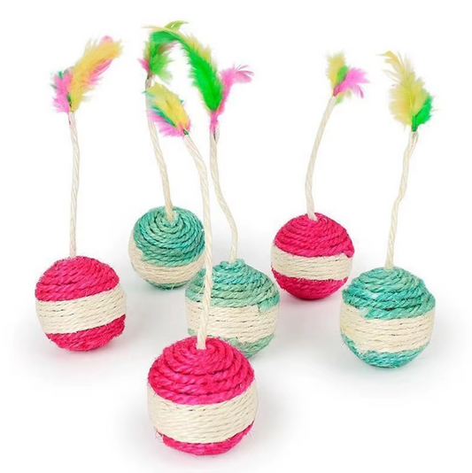 Balle Interactive pour Chats avec Plumes et Corde en Sisal