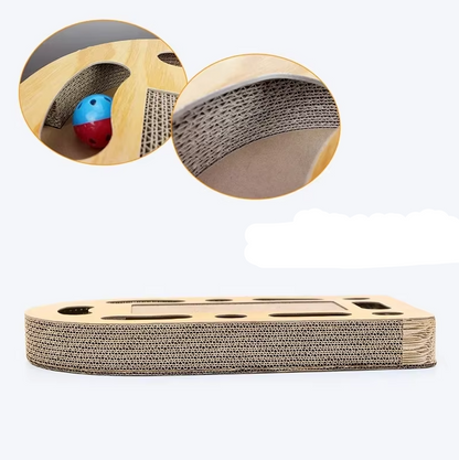 Plat à Gratter pour Chats avec Jouets - Tapis à Gratter en Carton Ondulé et Cadre en Bois