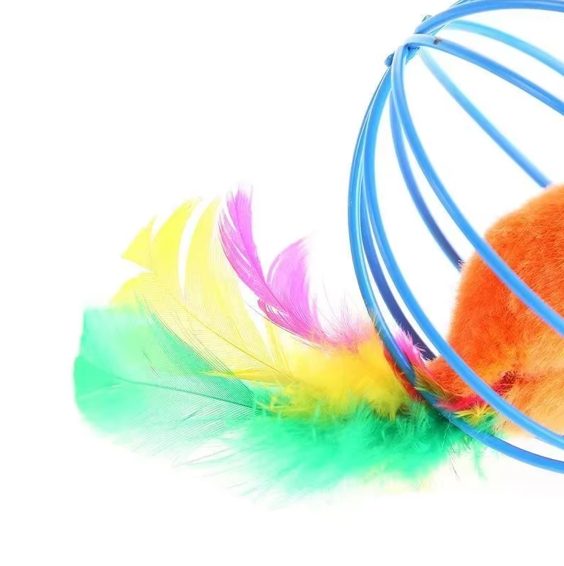 Jouet pour Chats Souris en Cage avec Queue en Plumes