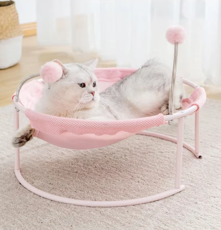 Hamac pour Chats Rond - Lieu de Repos Confortable pour Chats avec Balles de Jeu Châssis Stable