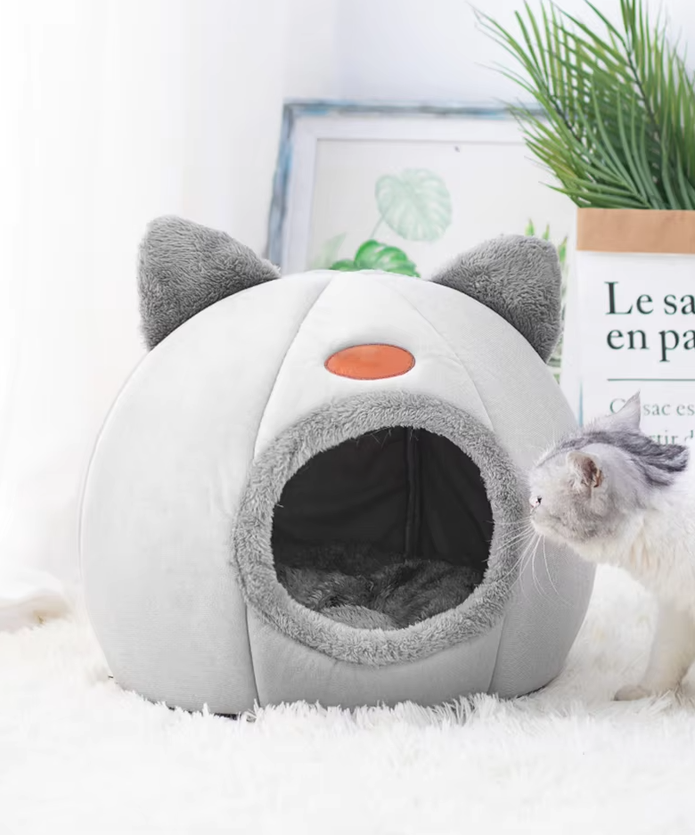 Lit Douillet en Forme de Chat pour Animaux de Compagnie - Douce Maison pour Chats Chauffante avec Coussin Amovible