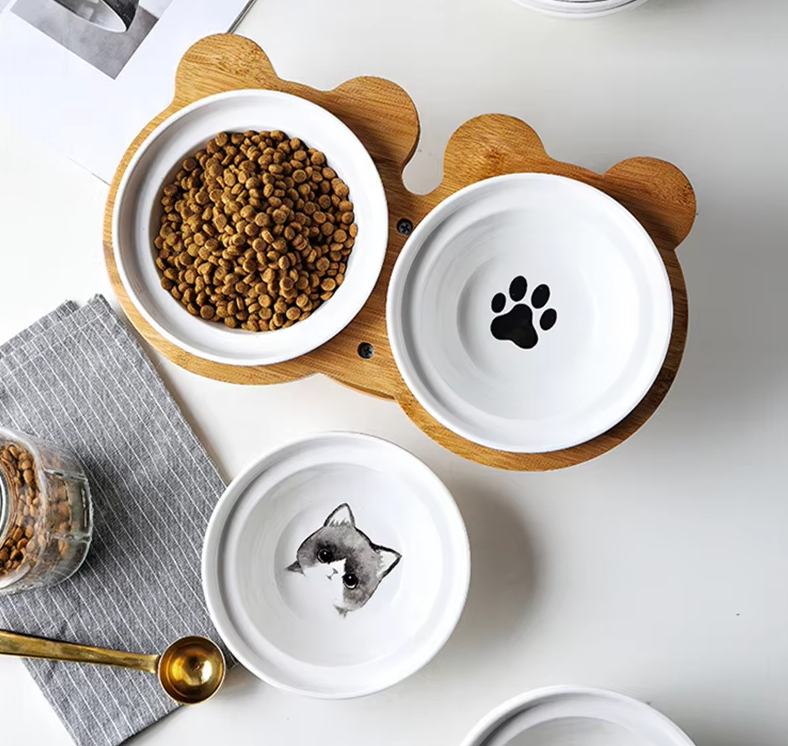 Écuelle Surélevée pour Chats - Écuelle Double en Céramique avec Support en Bambou