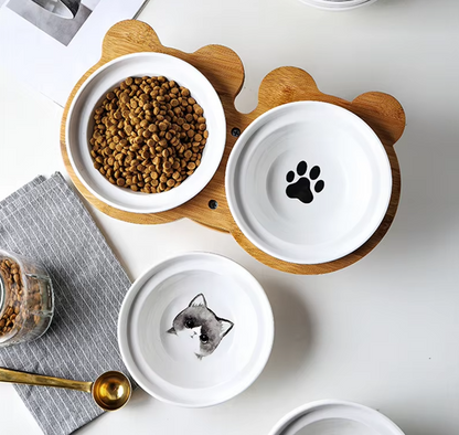 Écuelle Surélevée pour Chats - Écuelle Double en Céramique avec Support en Bambou