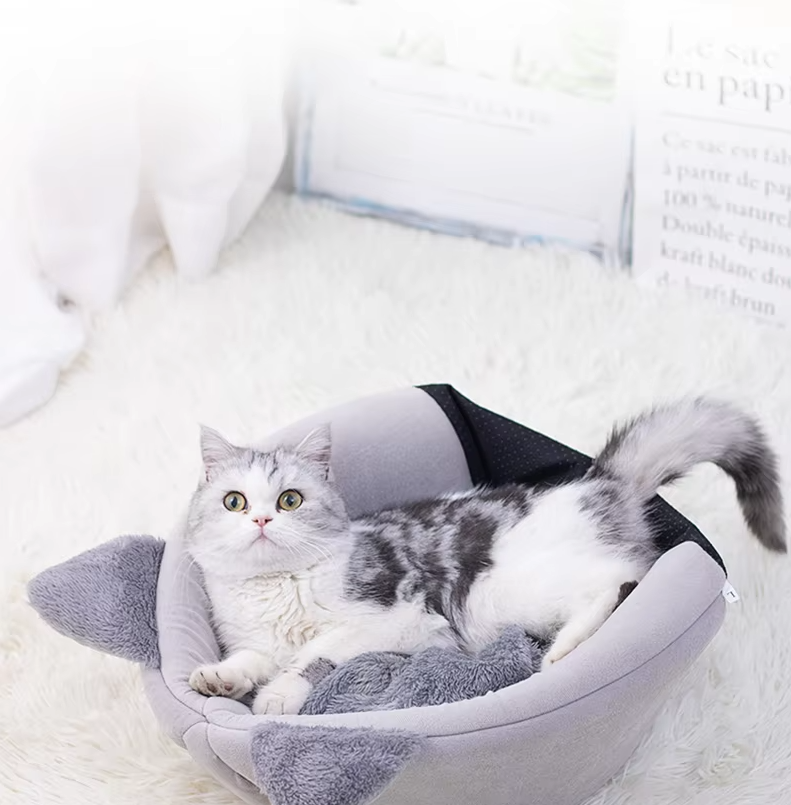Lit Douillet en Forme de Chat pour Animaux de Compagnie - Douce Maison pour Chats Chauffante avec Coussin Amovible