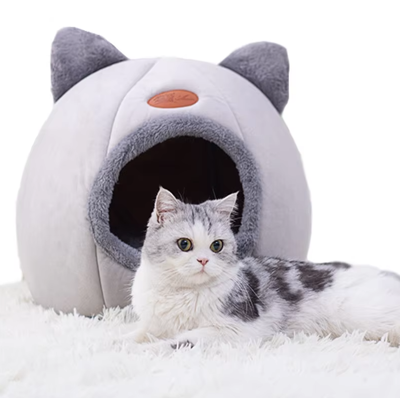 Lit Douillet en Forme de Chat pour Animaux de Compagnie - Douce Maison pour Chats Chauffante avec Coussin Amovible