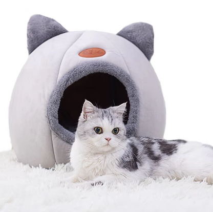 Lit Douillet en Forme de Chat pour Animaux de Compagnie - Douce Maison pour Chats Chauffante avec Coussin Amovible