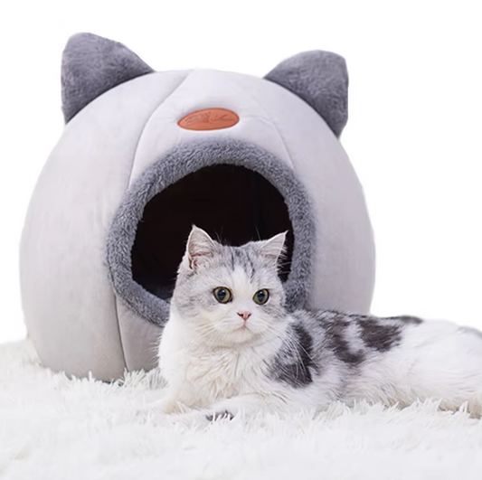 Lit Douillet en Forme de Chat pour Animaux de Compagnie - Douce Maison pour Chats Chauffante avec Coussin Amovible