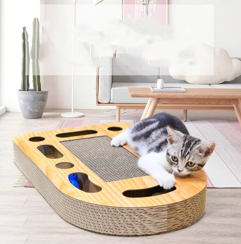 Plat à Gratter pour Chats avec Jouets - Tapis à Gratter en Carton Ondulé et Cadre en Bois