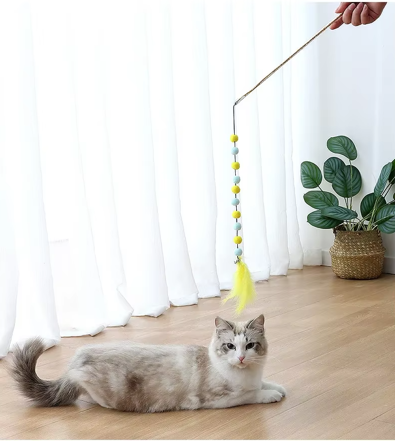 Canne à Pêche Interactive pour Chats avec Plumes à Pompon - un Jeu Amusant pour les Chats Curieux