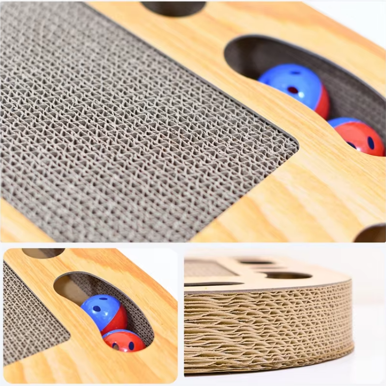 Plat à Gratter pour Chats avec Jouets - Tapis à Gratter en Carton Ondulé et Cadre en Bois