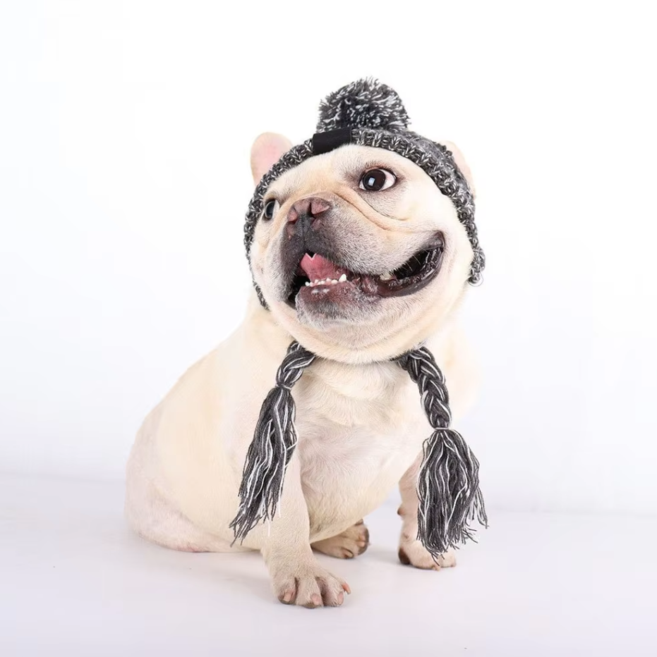 Casquette En Tricot Pour Animaux Domestiques Avec Pompon Et Pompons Torsadés En Rose