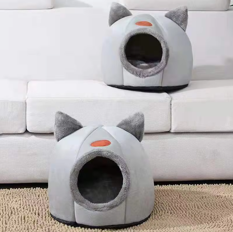 Lit Douillet en Forme de Chat pour Animaux de Compagnie - Douce Maison pour Chats Chauffante avec Coussin Amovible