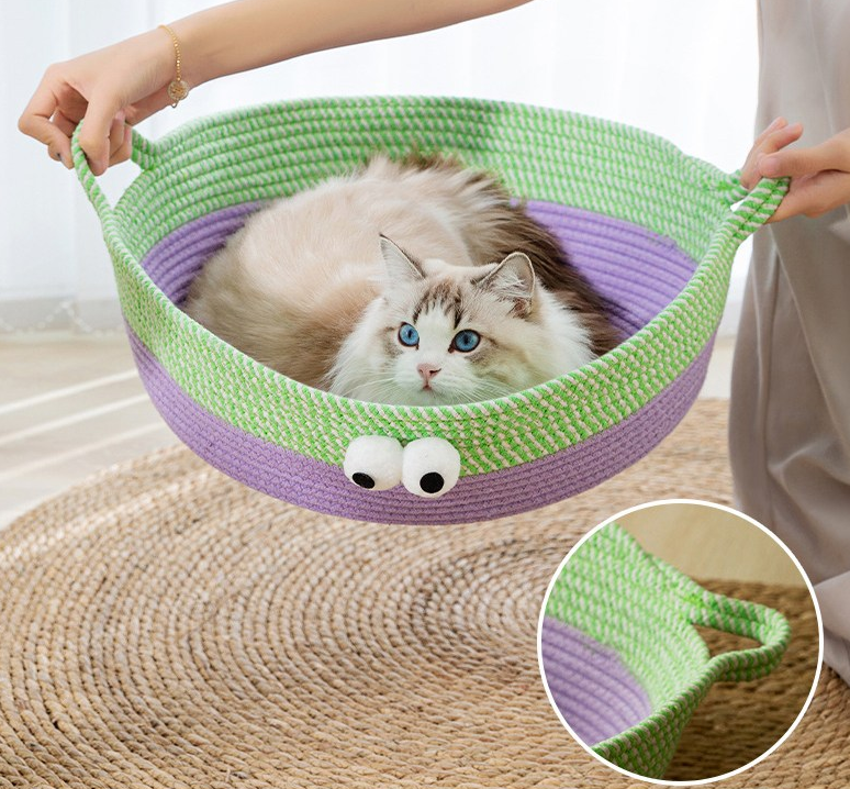Joli Lit Pour Chat En Corde De Coton Tissée À La Main, Conçu En Forme D'animal